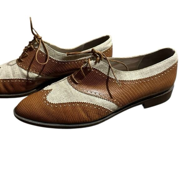 Vintage 80s-90s Phyllis Poland Two Tone Leather Linen Oxford Shoes Italy 9B - Picture 5 of 11